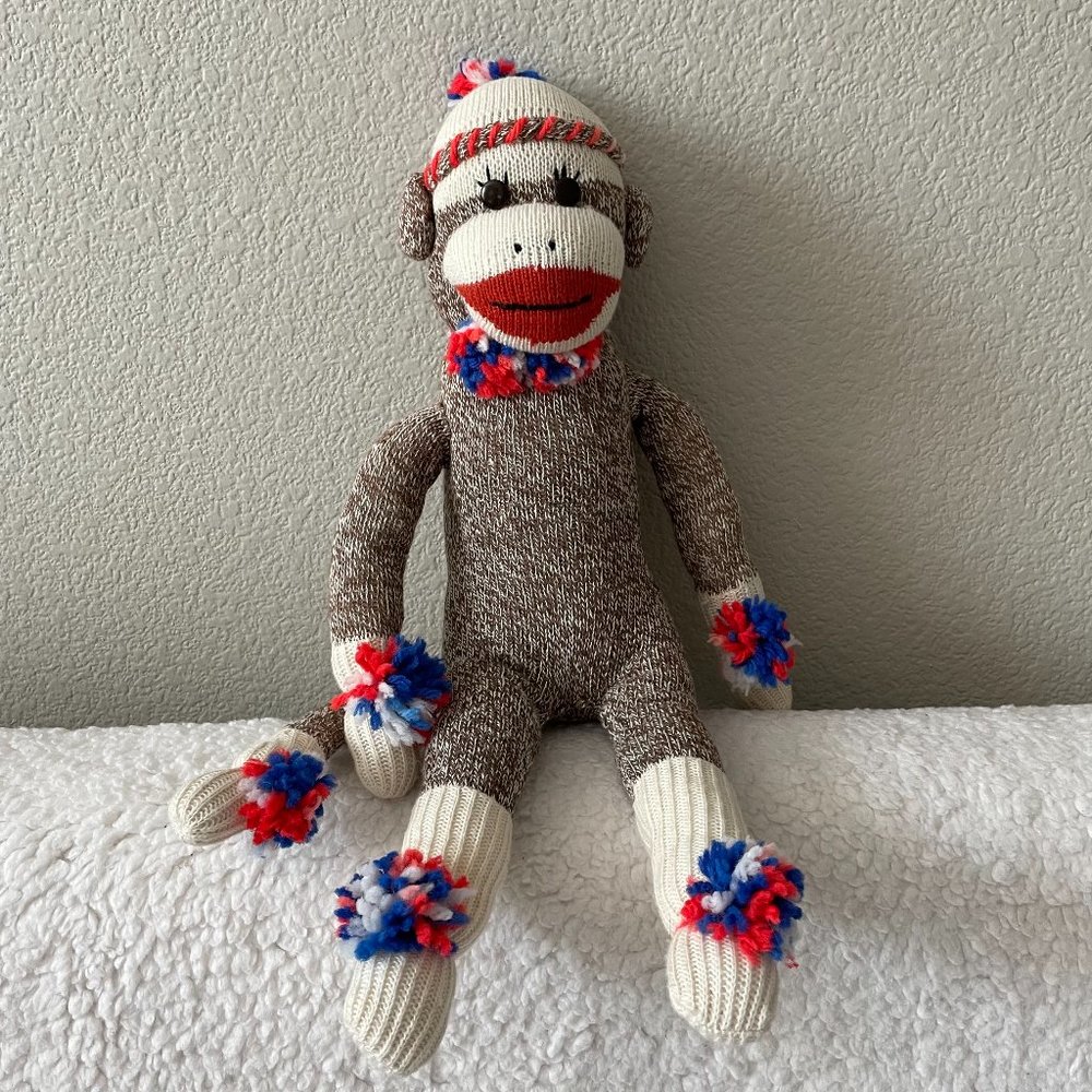 Collectors Knit Sock Monkey Stuffed Toy with Tricolor Pompons 18” like new
